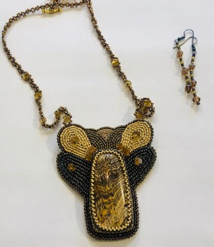 Gold Bead Embroidered Necklace & Earrings