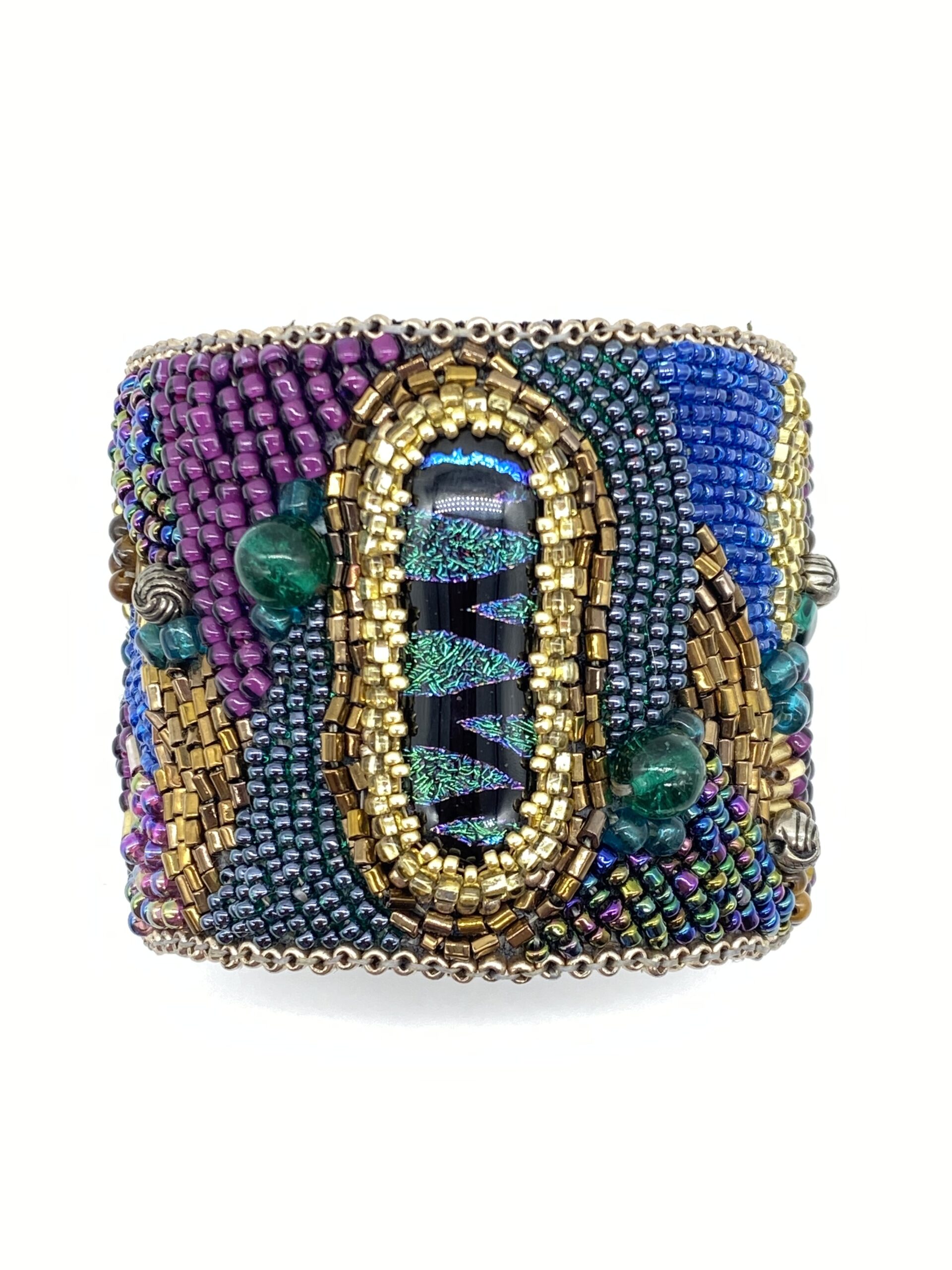 Fused Glass Cabochon Bead Embroidered Cuff