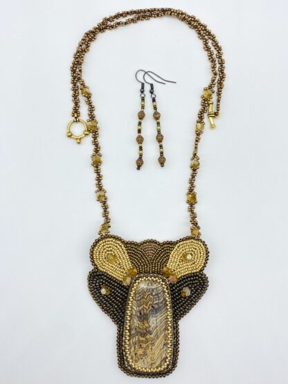 Gold Bead Embroidered Necklace & Earrings